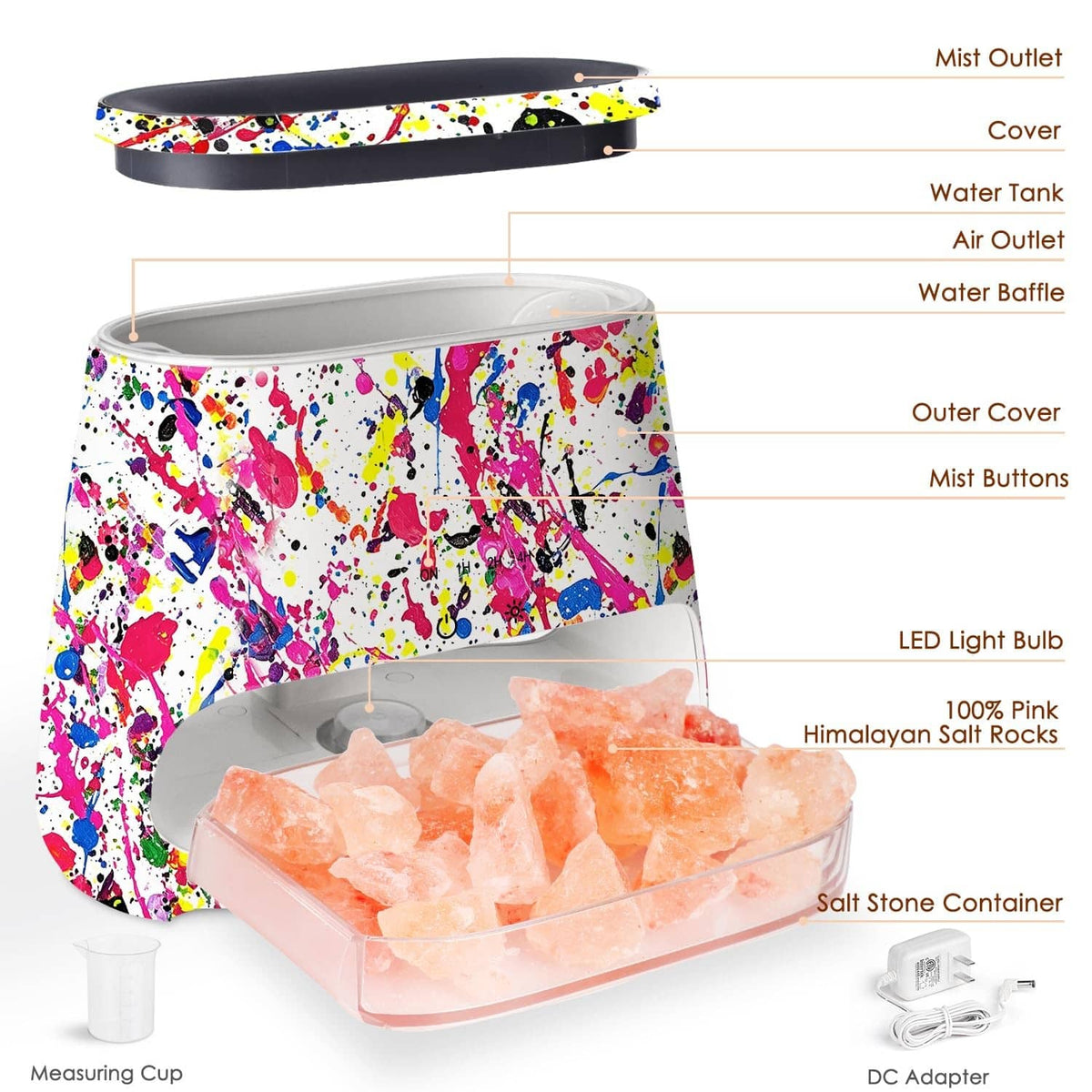 Exploded view of splatter Himalayan salt lamp showing water tank, mist outlet, LED bulb