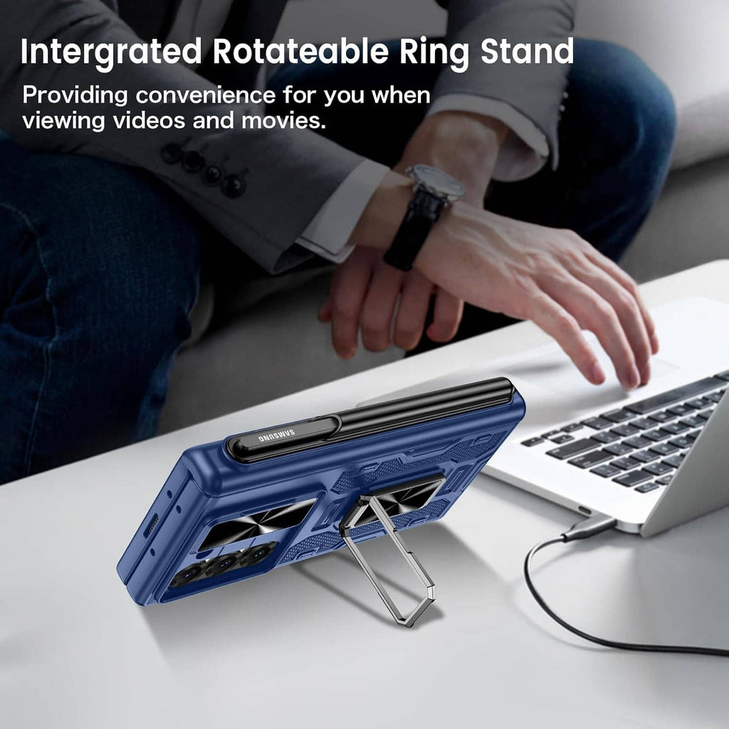 Blue fold phone case with rotatable ring stand propping phone upright