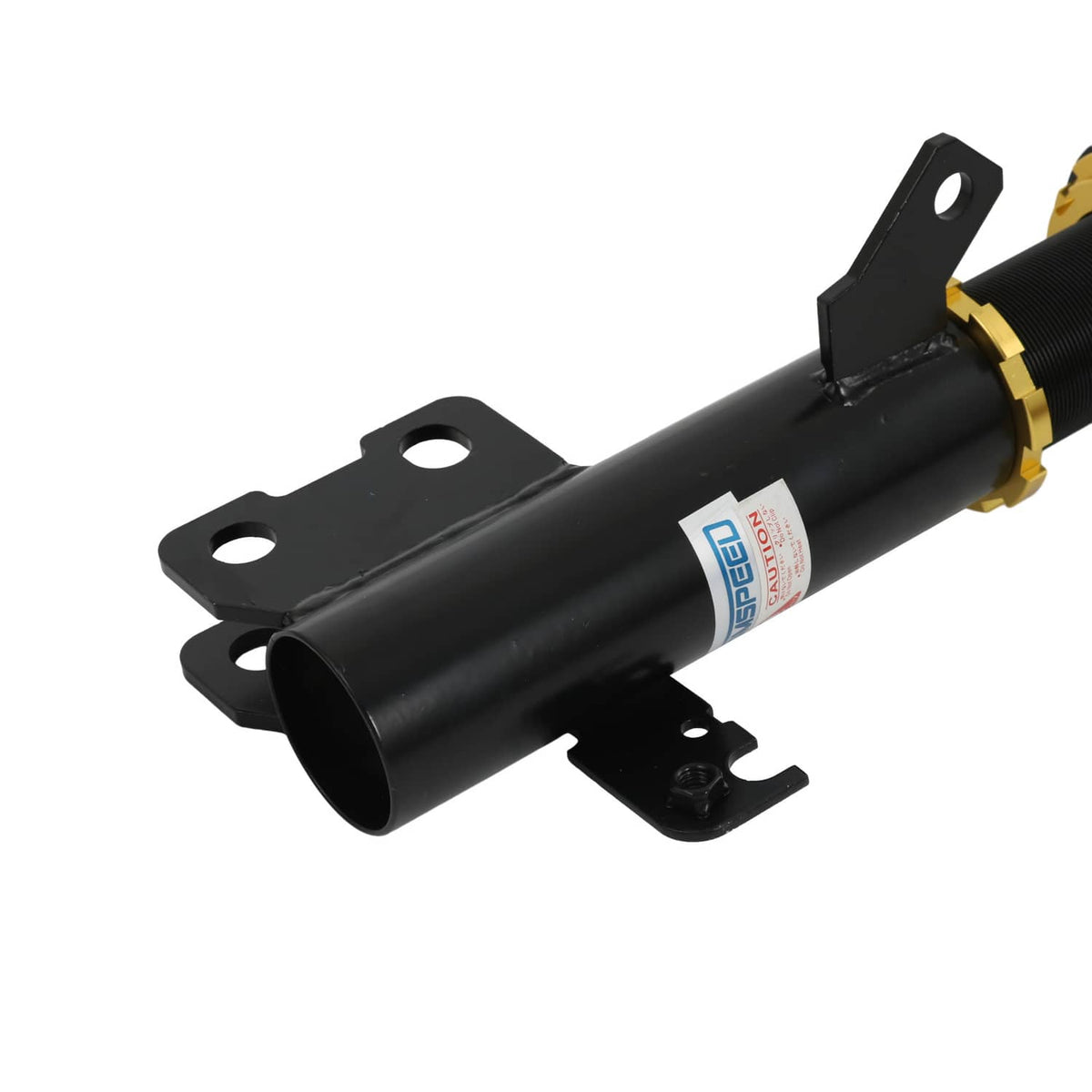 Coilover shock absorber with mounting brackets, black cylinder and gold adjustment collar
