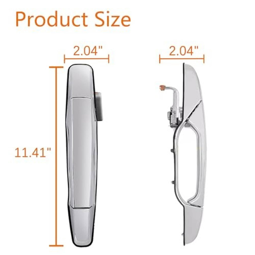 Exterior chrome door handle size diagram showing front view and side mounting.
