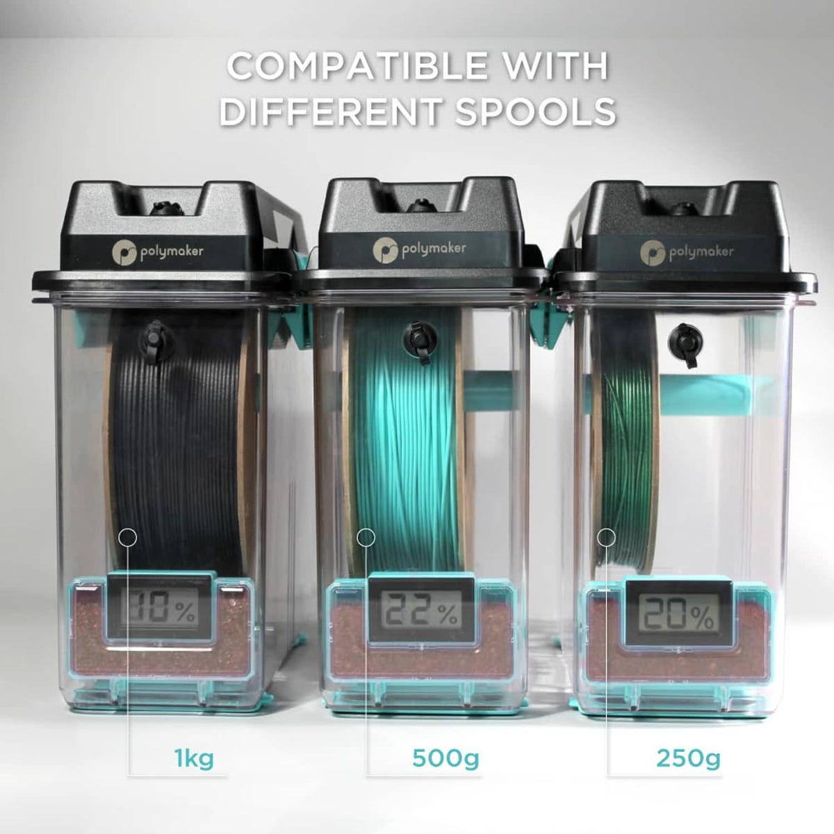 Filament drying boxes showing three front humidity screens with different spool setups