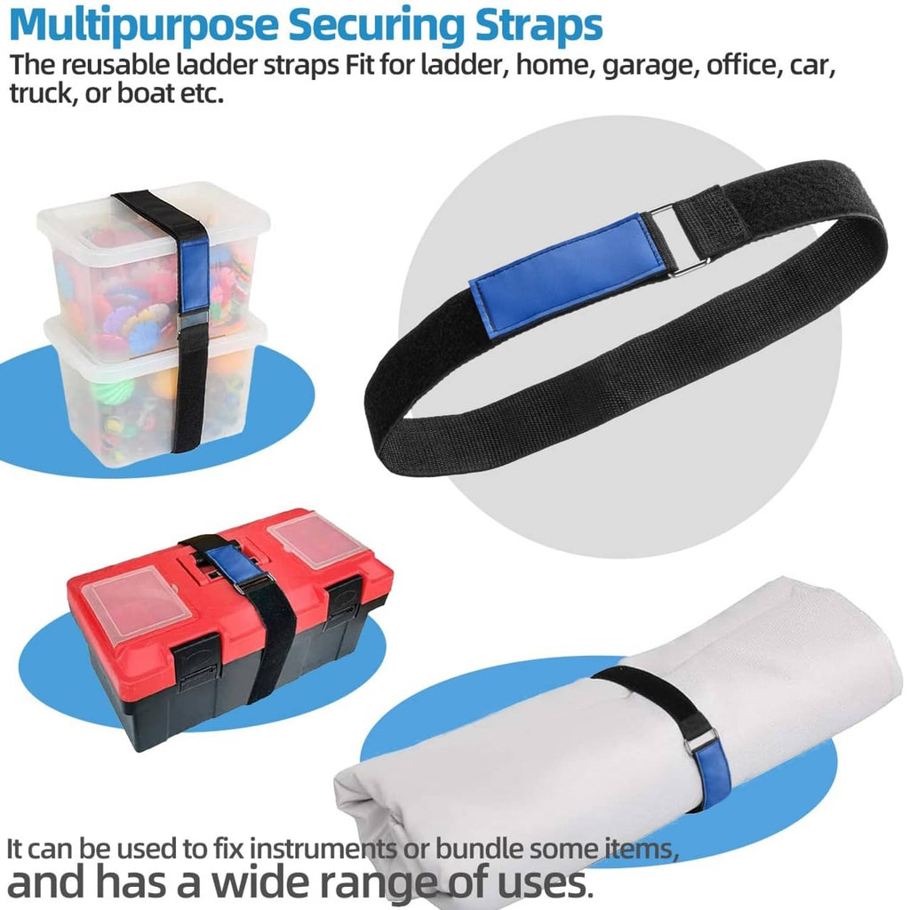 Black reusable securing strap with blue hook-and-loop pad