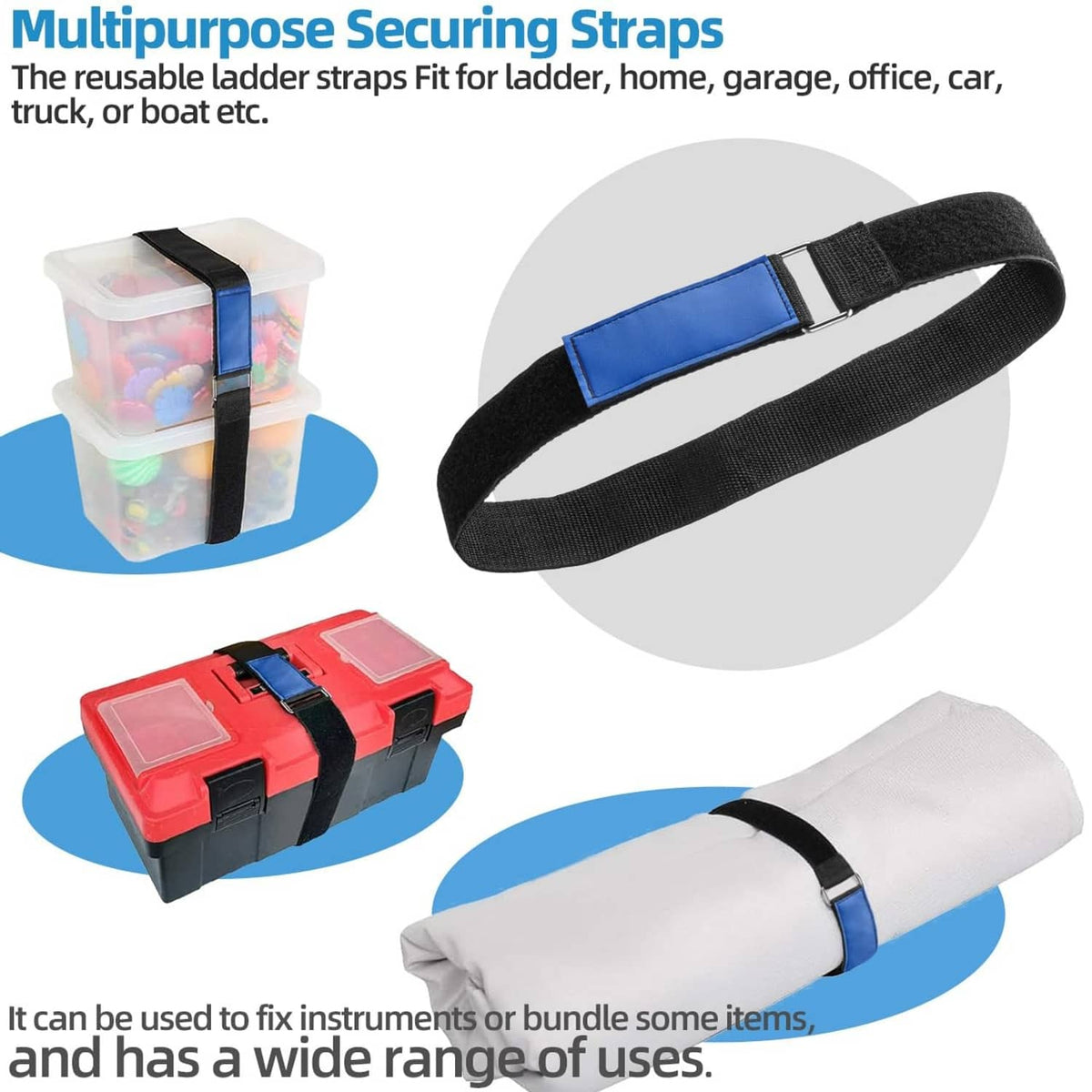 Black reusable securing strap with blue hook-and-loop pad