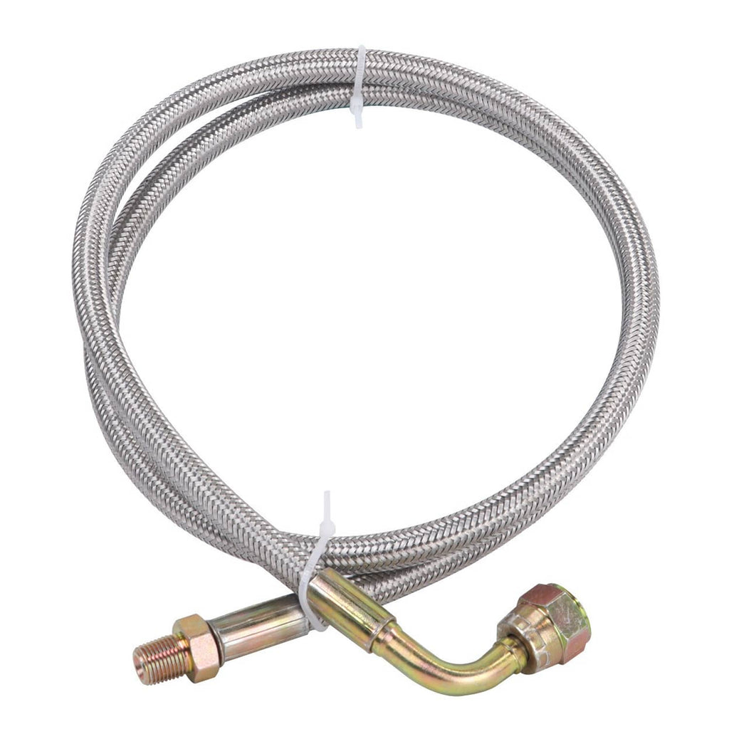 Braided stainless turbo oil feed line hose with threaded fittings and angled connector