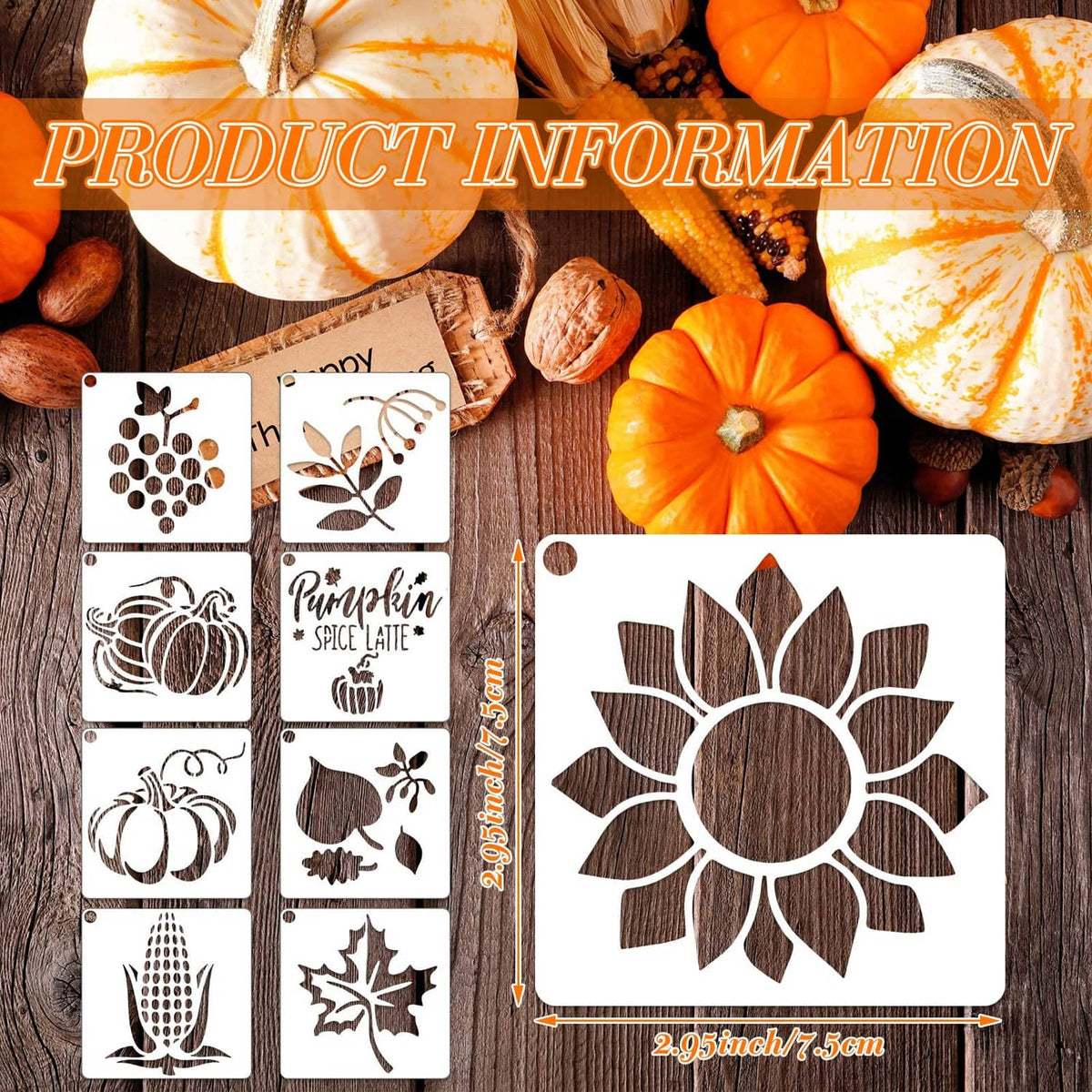 Sheet of fall stencil patterns including a large sunburst and pumpkins