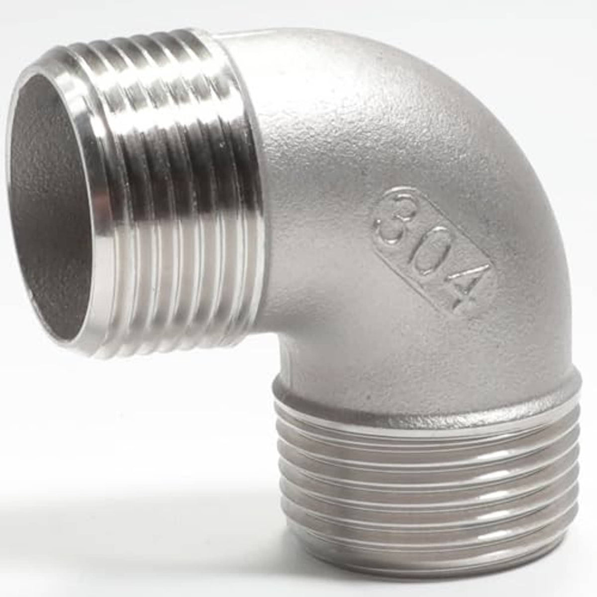304 stainless steel 90-degree street elbow male NPT fitting, close-up of threaded ends, 1 in