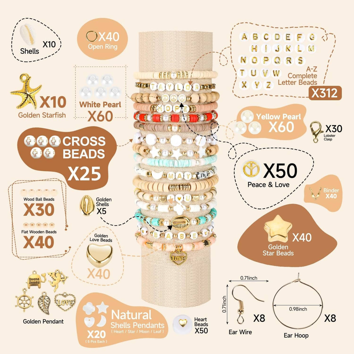 Clay bead kit parts diagram with rings, pearls, star charms, heart beads, ear wires