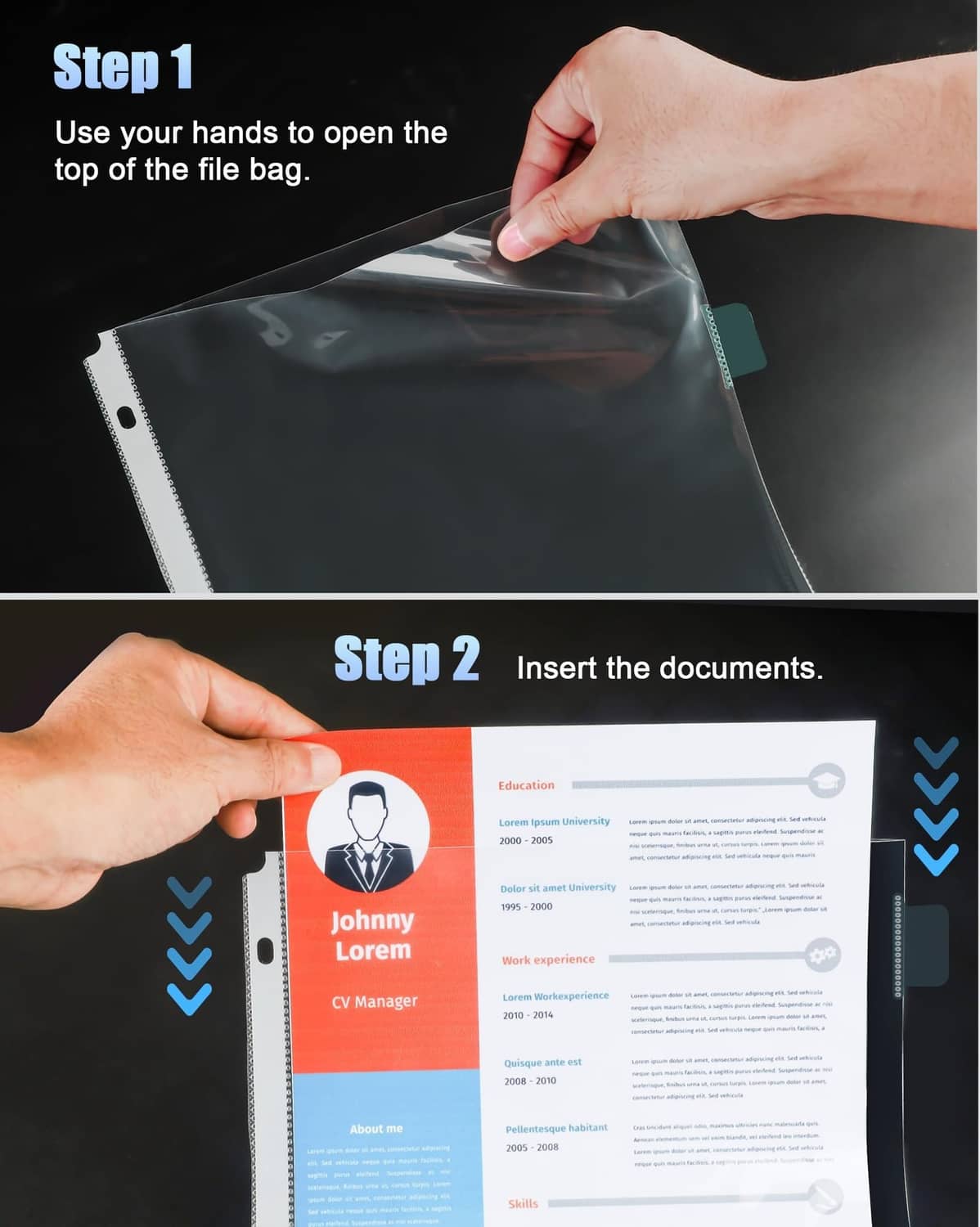 Clear file page protector being opened by a hand with colored edge tabs