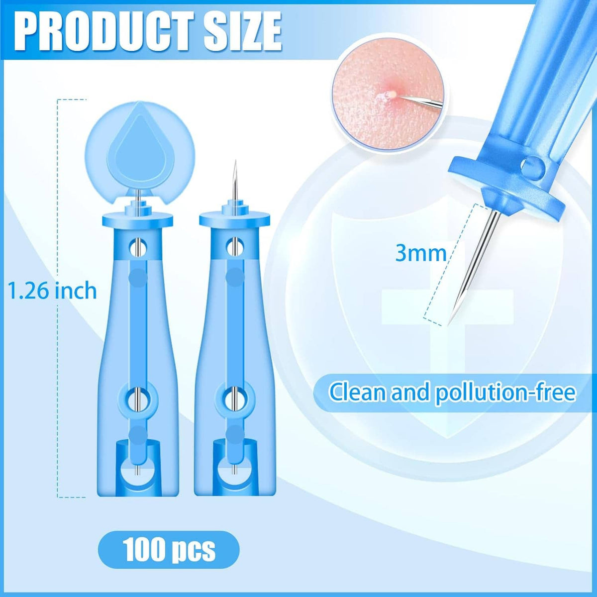 Disposable acne lancets; 3mm needle, 1.26 inch length, 100-piece kit