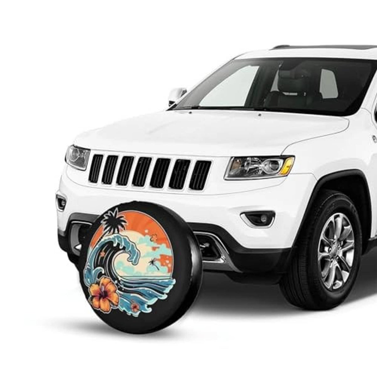 Black spare tire cover for SUV with retro ocean wave and palm tree sunset design