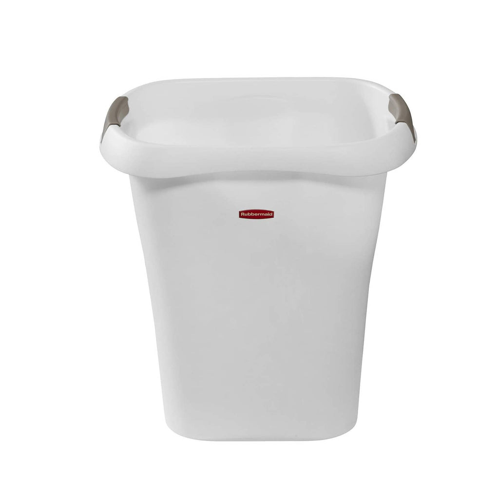White plastic open-top trash can with gray side handles
