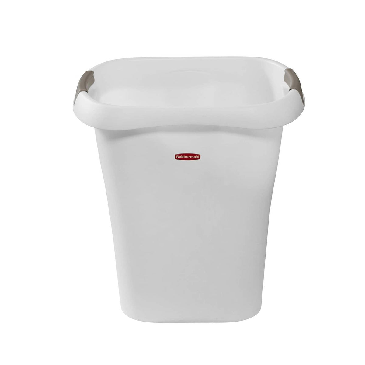 White plastic open-top trash can with gray side handles