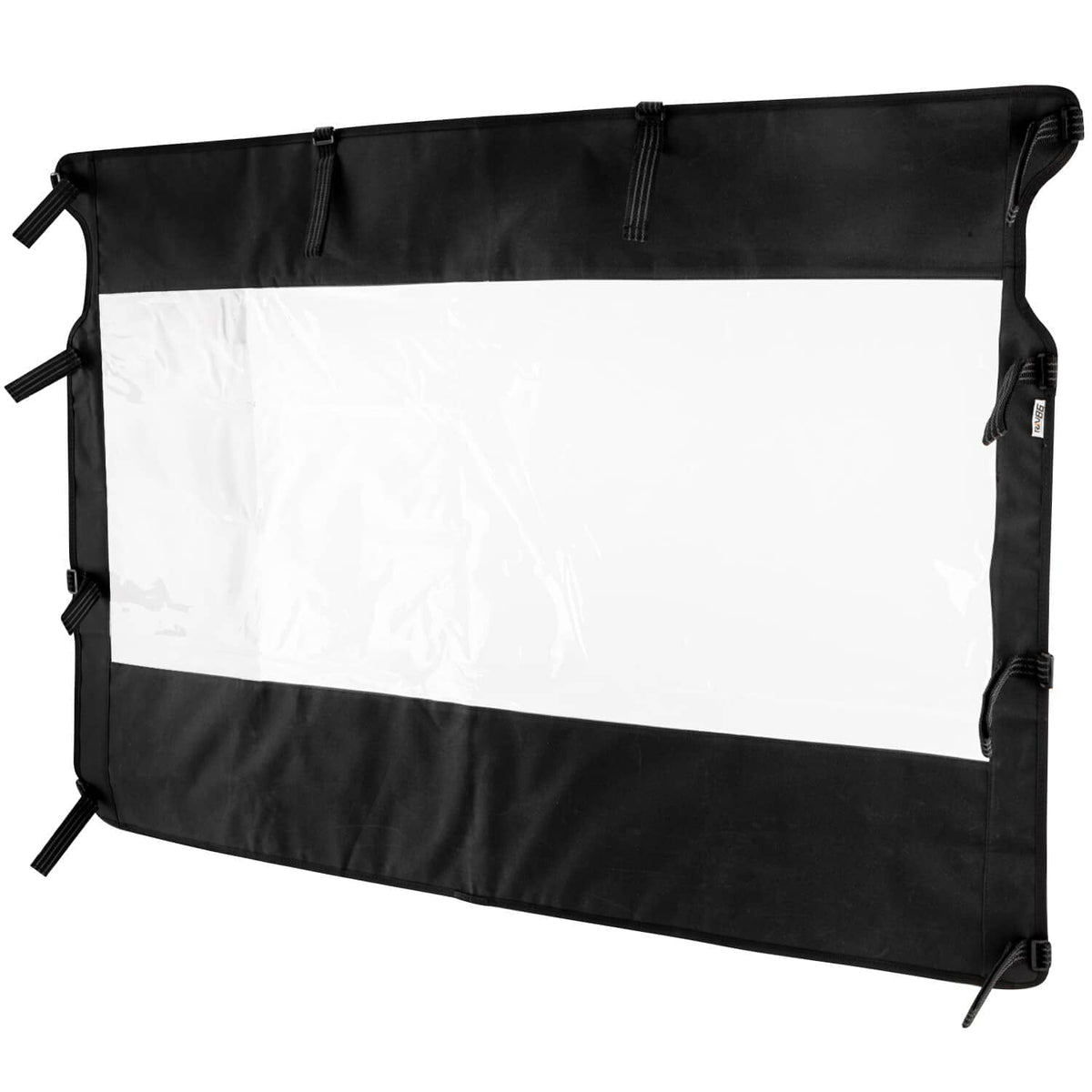 UTV soft rear window windshield with black fabric frame and clear center panel