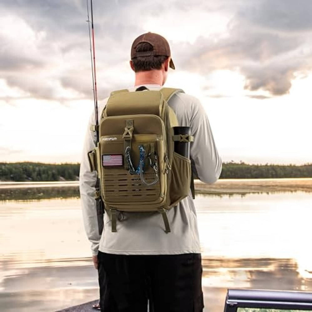 Khaki fishing tackle backpack worn on back with rod holder and rear straps