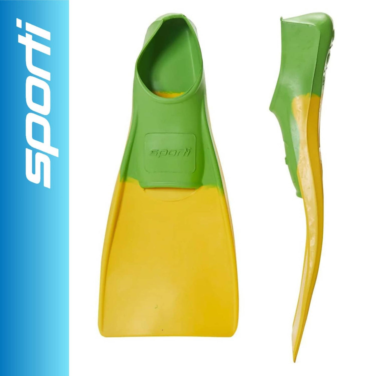 Green and yellow swim fins with closed heel and pointed blade