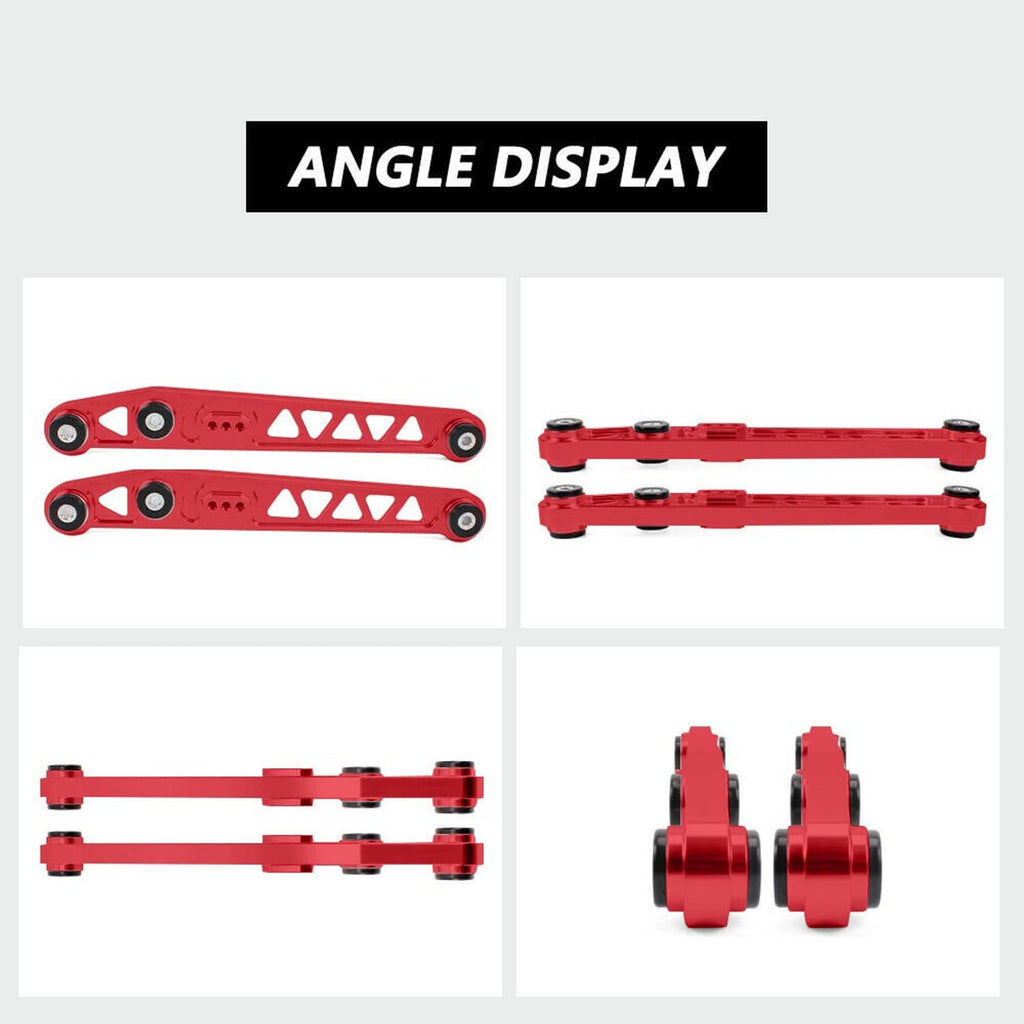 Red rear subframe tie bar brace in multiple angles with bushings and pivot joints