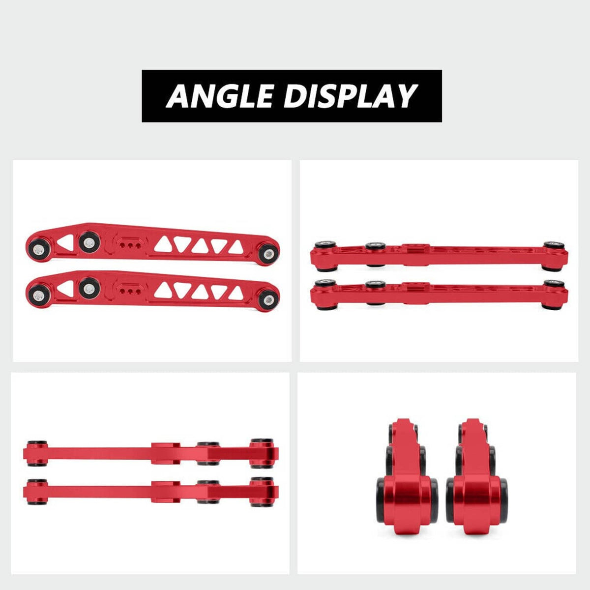 Red rear subframe tie bar brace in multiple angles with bushings and pivot joints