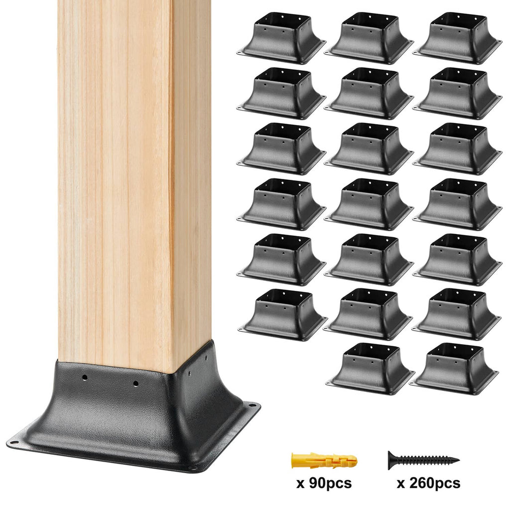 Black steel 4x4 wood post base bracket, flanged anchor plate, bundle of 20