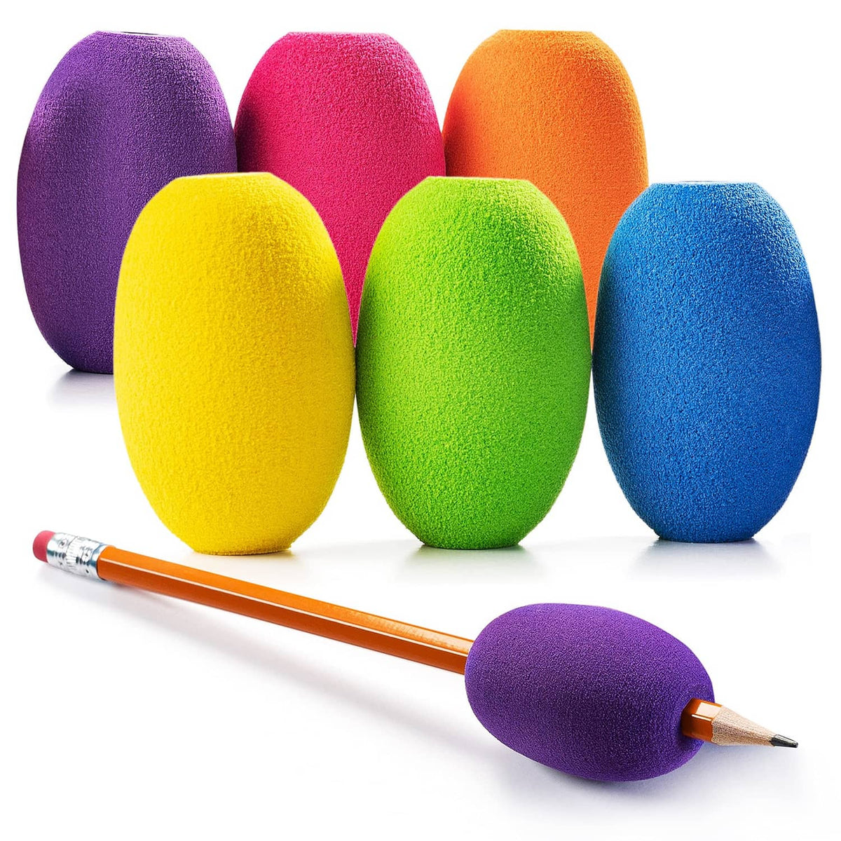 Colorful foam egg pencil grips on pencils: purple, pink, orange, yellow, green, blue