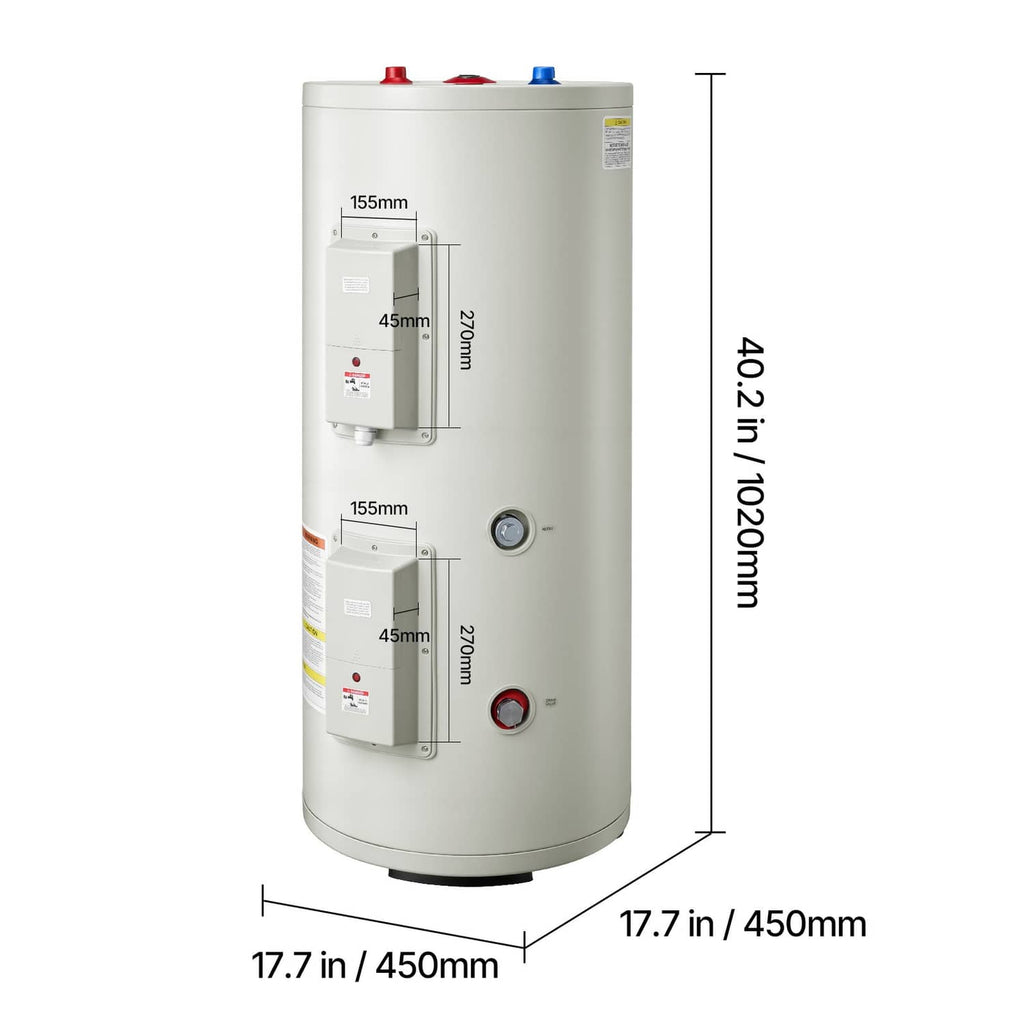 30-gallon electric water heater with side dimension measurements on a cylindrical tank