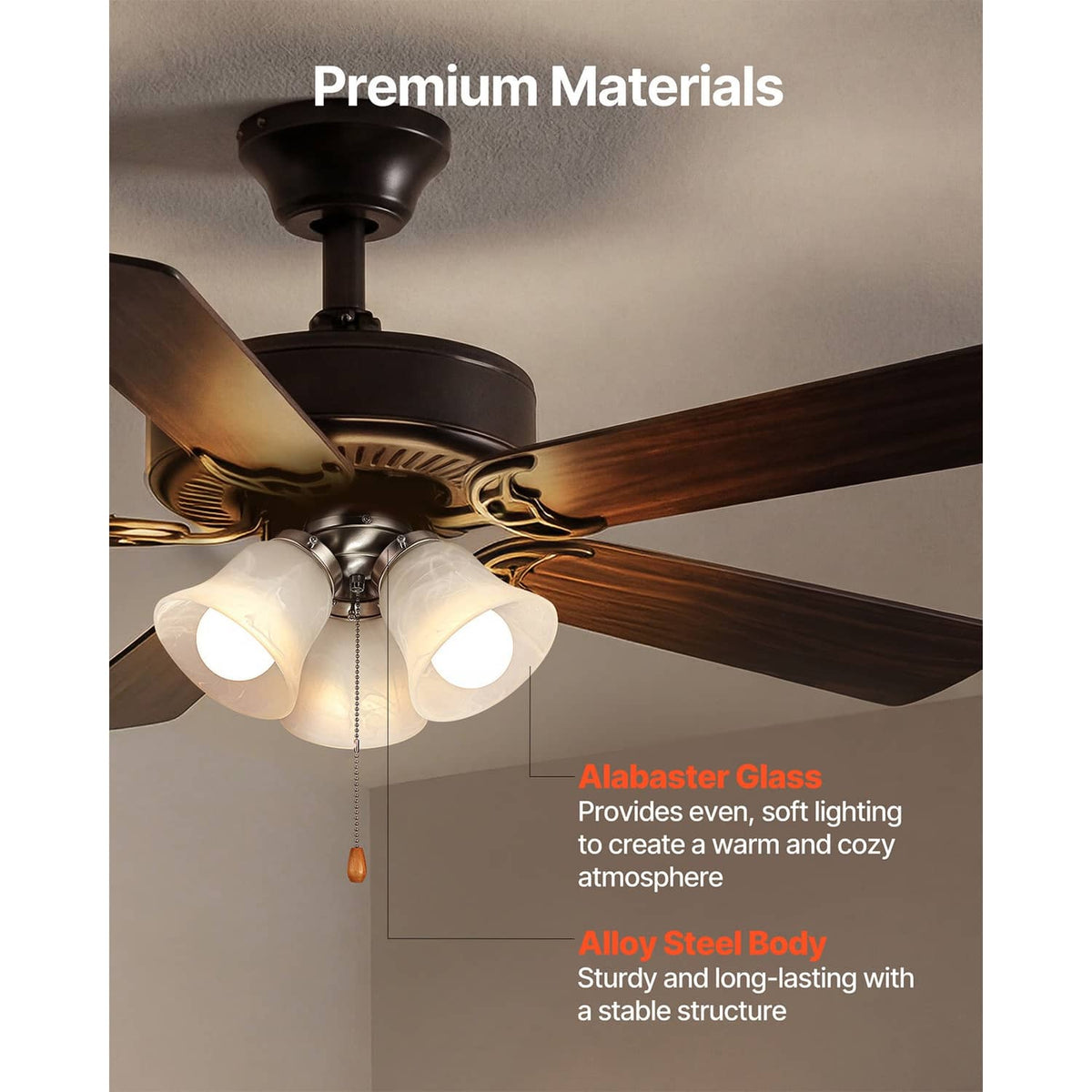3-light ceiling fan light kit with white glass shades and metal mounting hardware