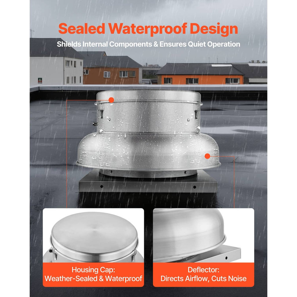 Sealed waterproof roof exhaust fan with deflector and leak-resistant housing cap
