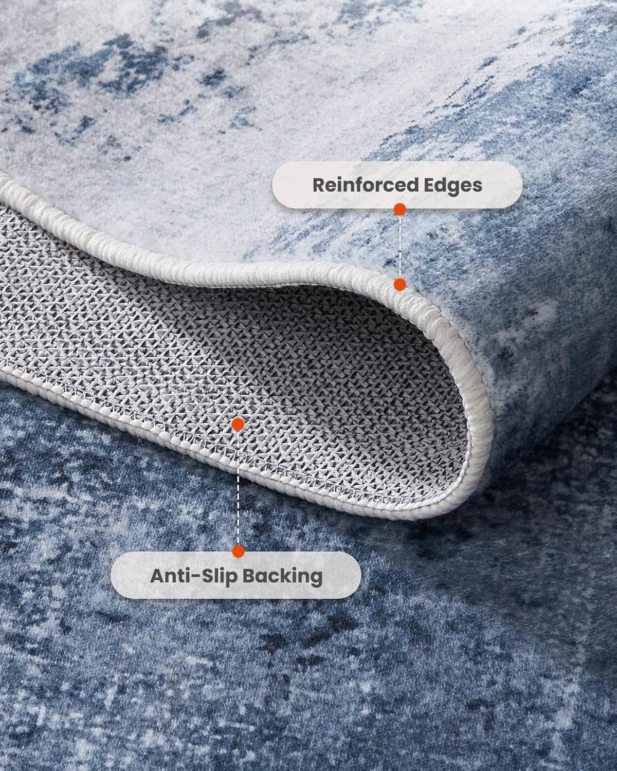 Close-up of blue rug edge with reinforced border and anti-slip backing