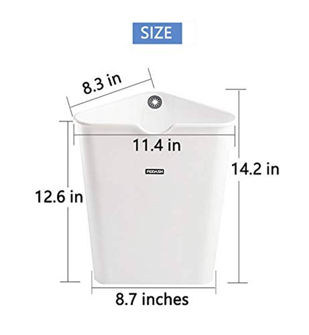 White triangular trash can size: 8.7 in wide, 14.2 in high, 11.4 in front