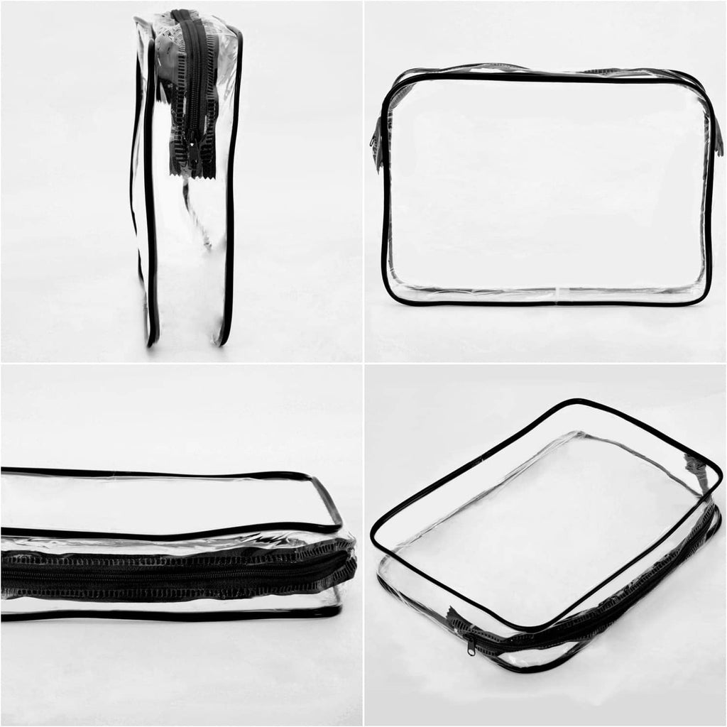 Clear rectangular cosmetic pouch with black zipper trim and wrist strap, flat and side views