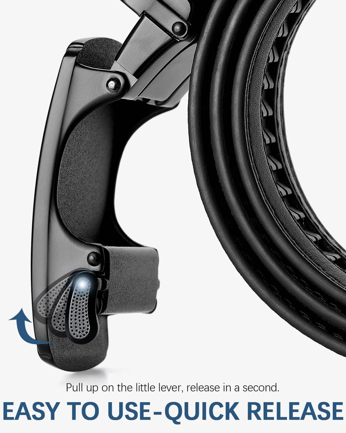 Quick-release ratchet belt buckle with lever and textured pull tab