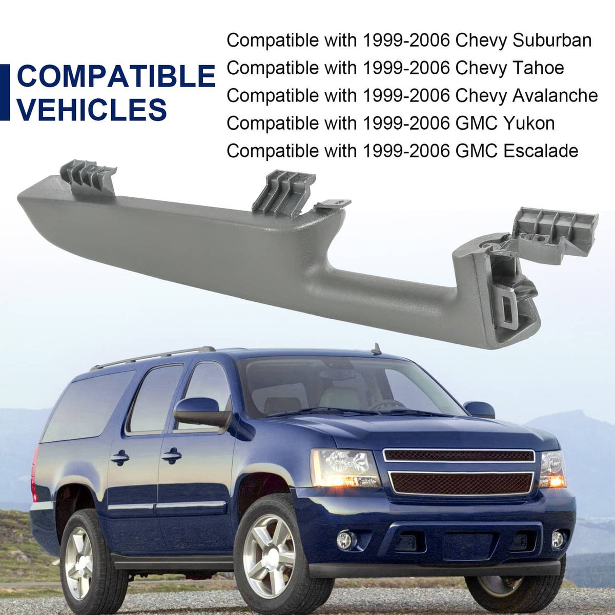 Front driver door armrest handle, dark gray plastic with latch mounting tabs