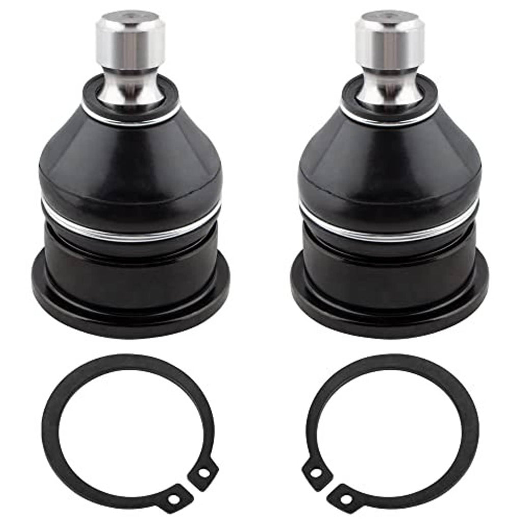 Pair of front upper ball joint assemblies with black rubber boots, silver studs, and seals