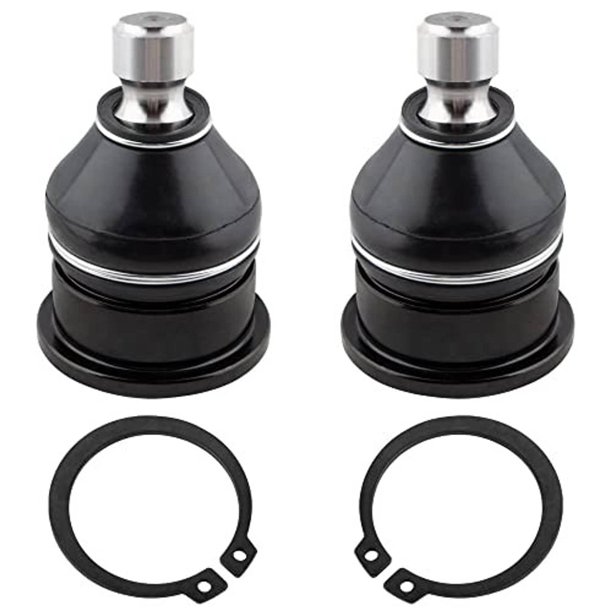Pair of front upper ball joint assemblies with black rubber boots, silver studs, and seals