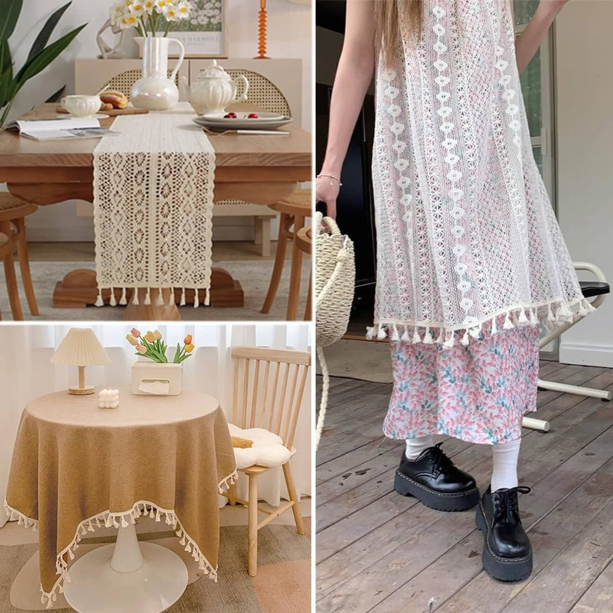 White lace table runner with dangling tassel trim along the edge