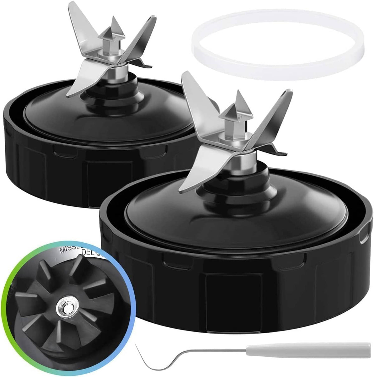 Black 7-fin blender replacement blade extractor with circular gasket, pack of 2