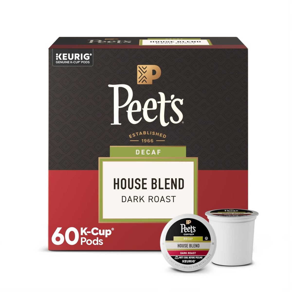Keurig K-Cup pods box with Peet's decaf house blend dark roast and pod cup