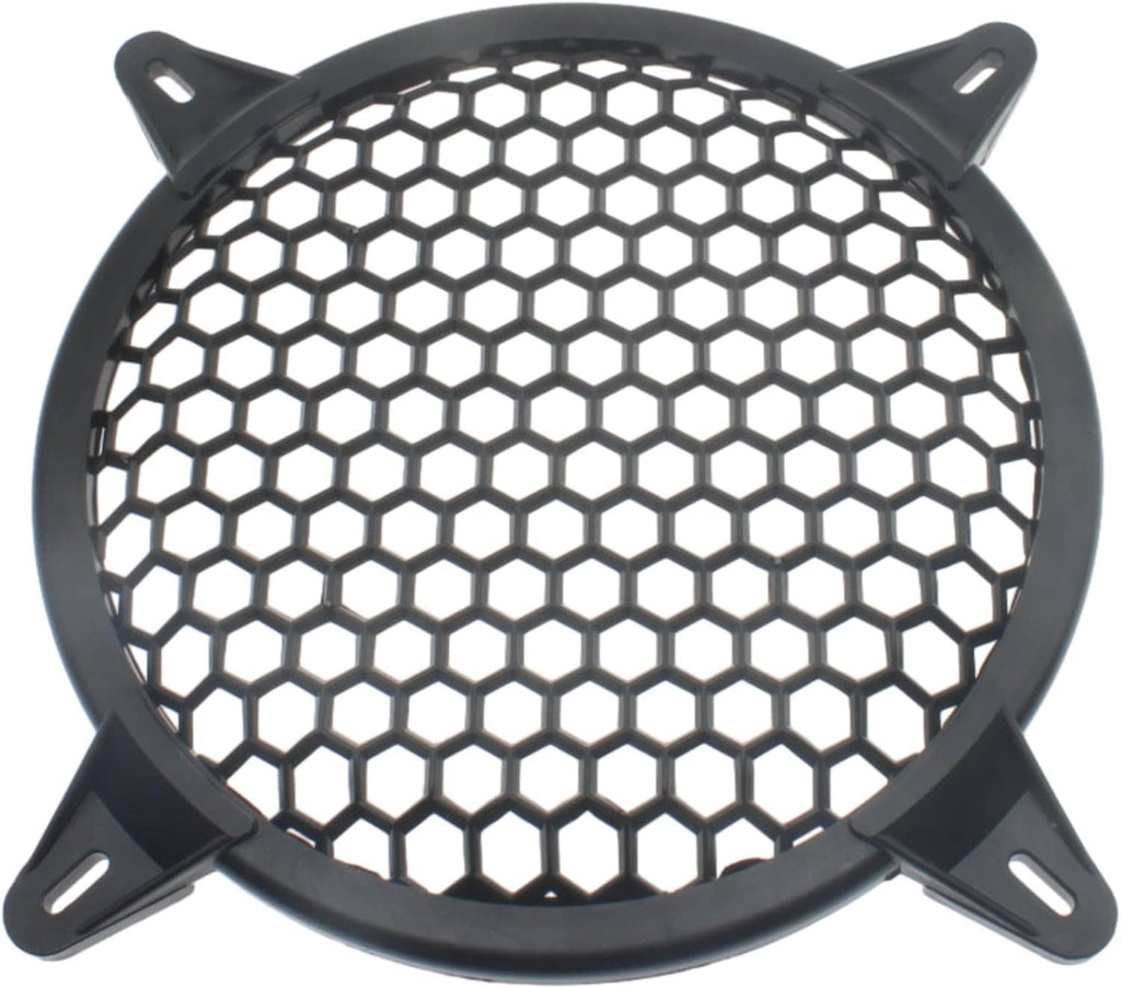 Black round subwoofer grill protector with hex honeycomb mesh and side mounting feet