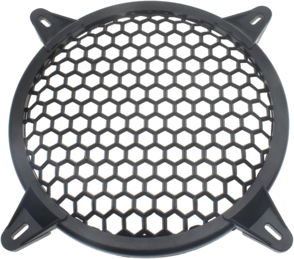 Black round subwoofer grill protector with hex honeycomb mesh and side mounting feet