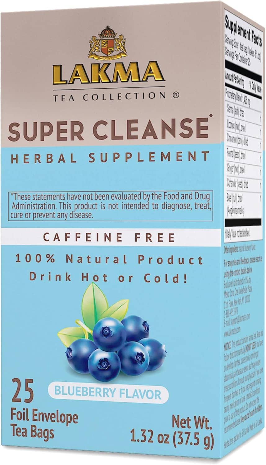 Lakma Super Cleanse herbal supplement tea box, caffeine-free blueberry, 25 foil envelope bags