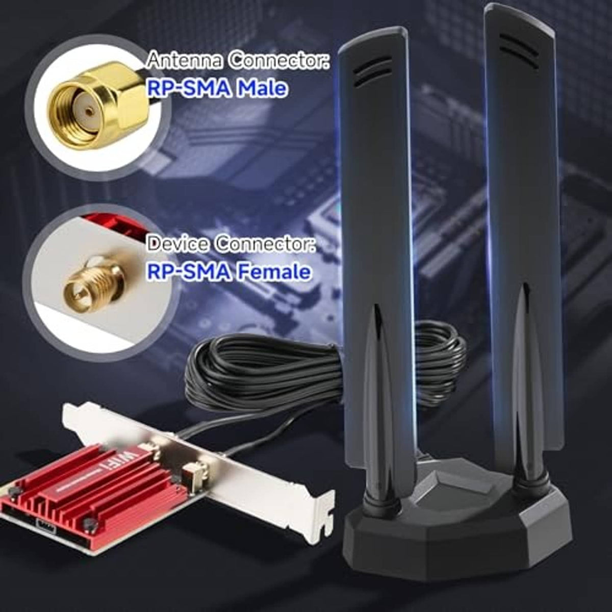 Dual antennas with RP-SMA male and RP-SMA female connectors and coax cable