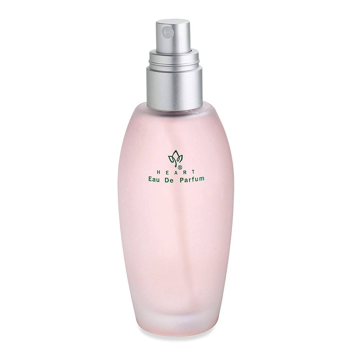 Heart Eau de Parfum spray bottle, pink frosted glass with silver cap