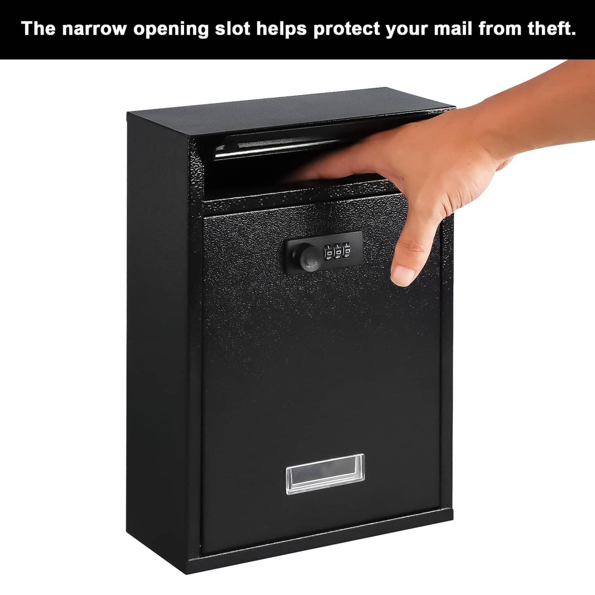 Black metal wall mailbox with combination lock keypad and narrow mail slot, hand loading