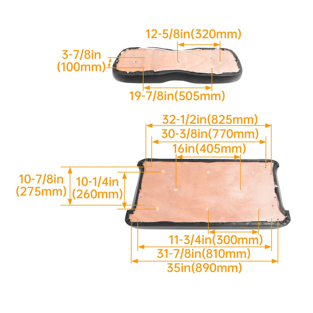 Black seat bottom cushion and backrest with underside size layout
