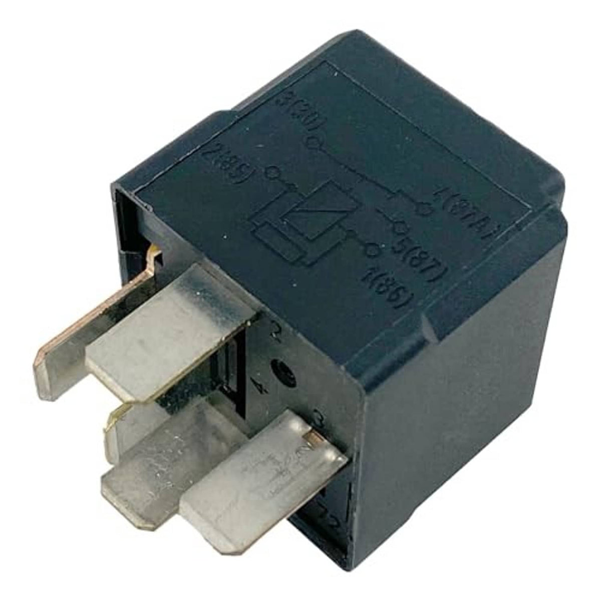 5-pin automotive relay with metal spade terminals exposed from dark blue housing