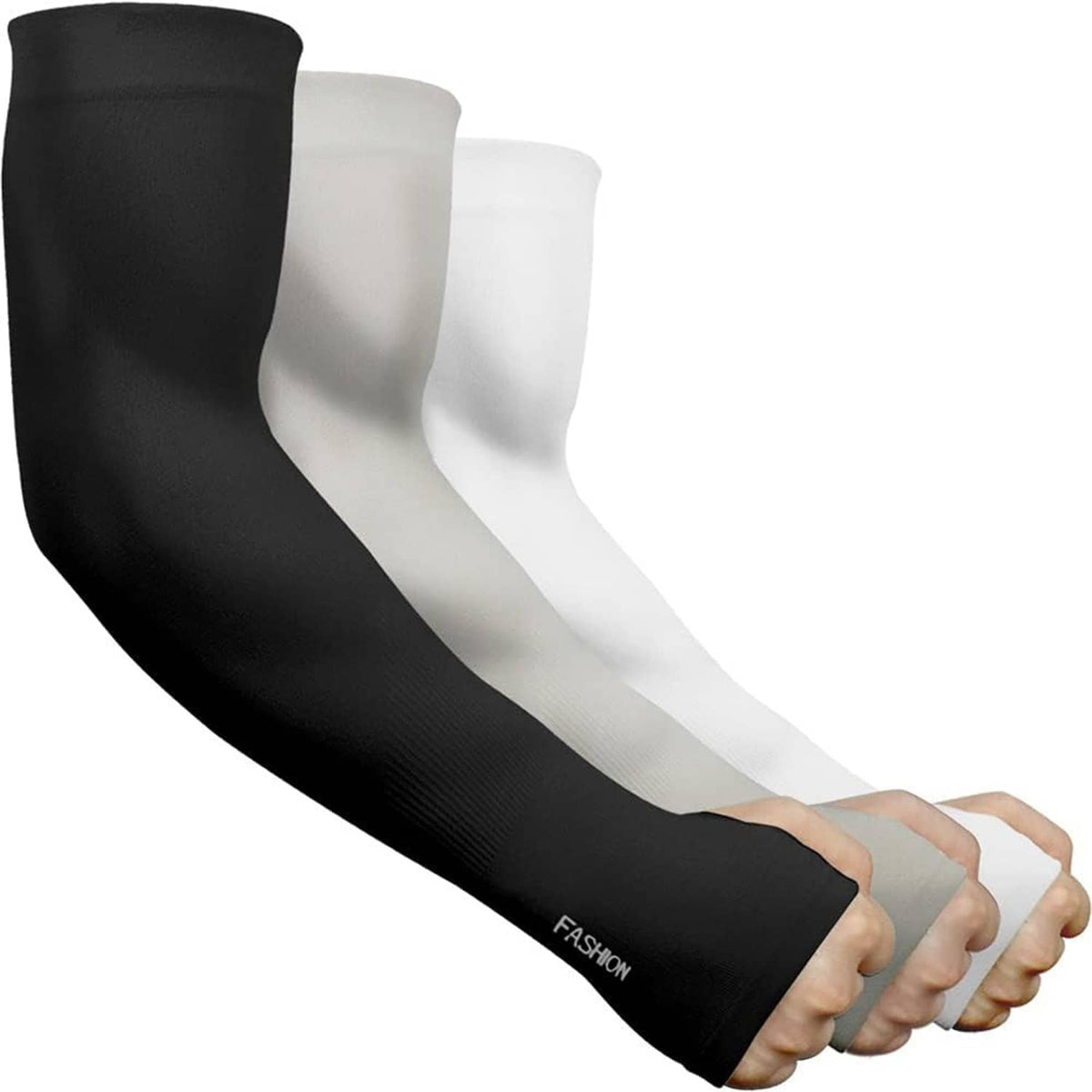 UV sun protection arm sleeves, unisex stretch fabric, black and light gray 3-pack