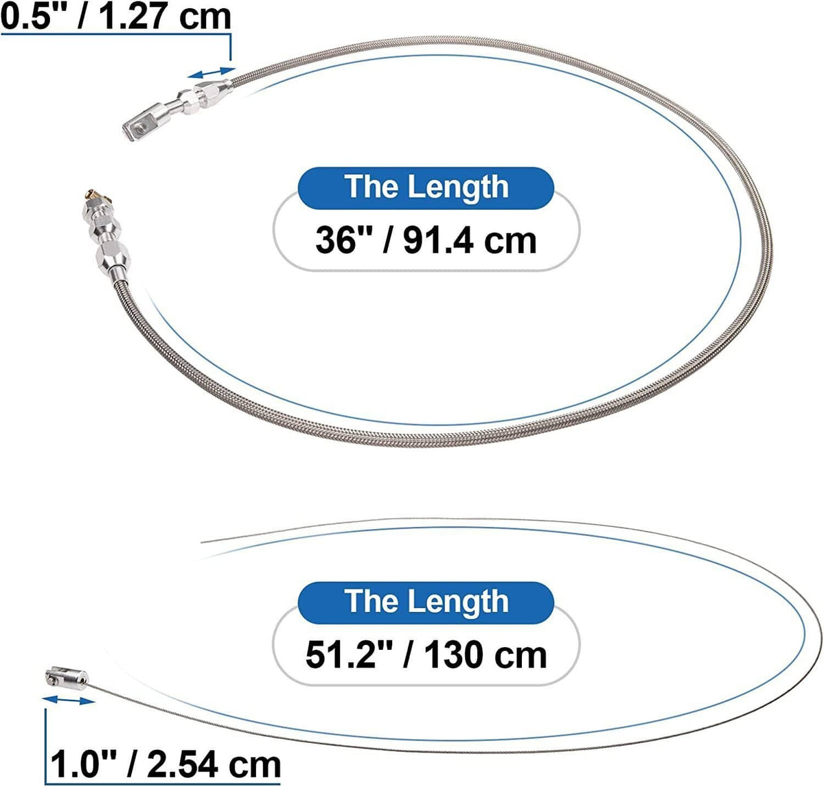 Braided throttle cable showing lengths and connector sizes, 36 in and 51.2 in options