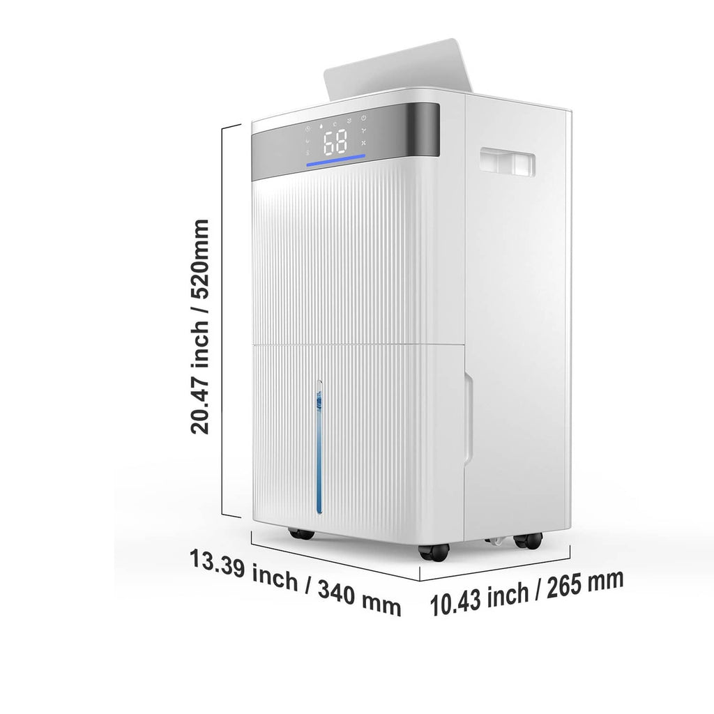 White dehumidifier side view with dimension markers and blue front indicator