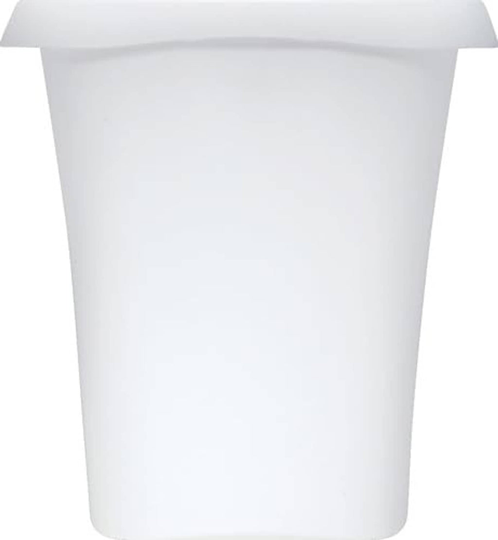 White plastic open-top trash can body with gray lid
