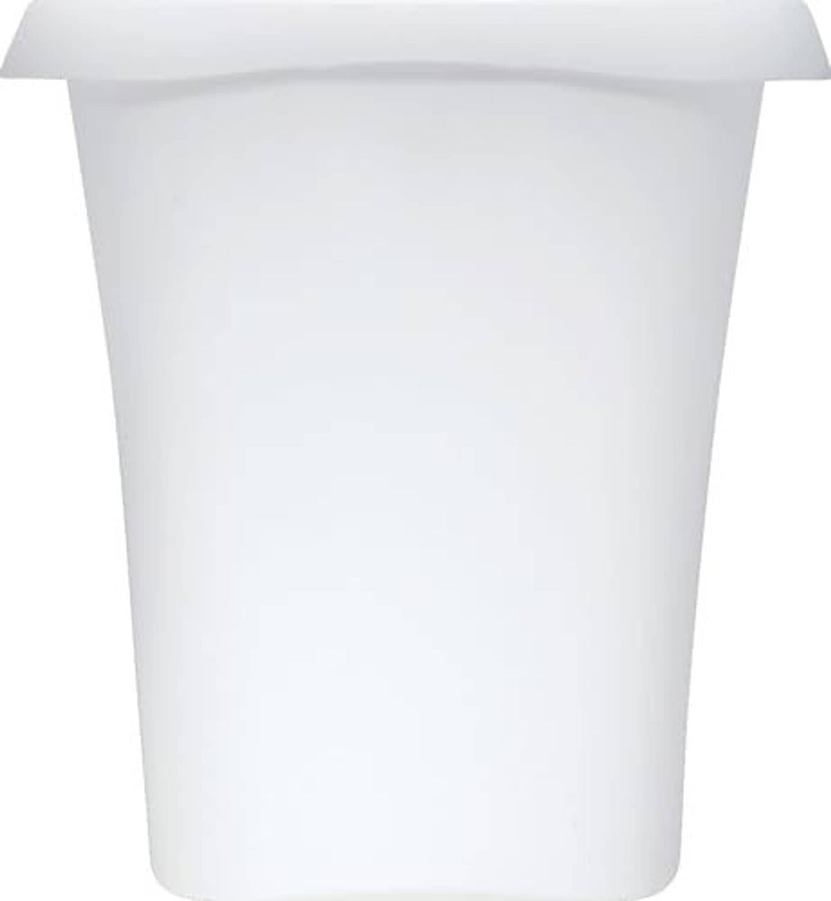 White plastic open-top trash can body with gray lid