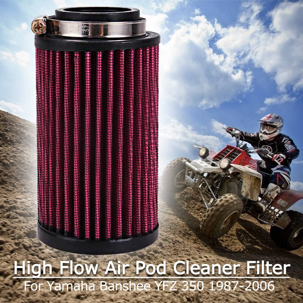 Red pleated air pod filter with metal clamp ring and black base